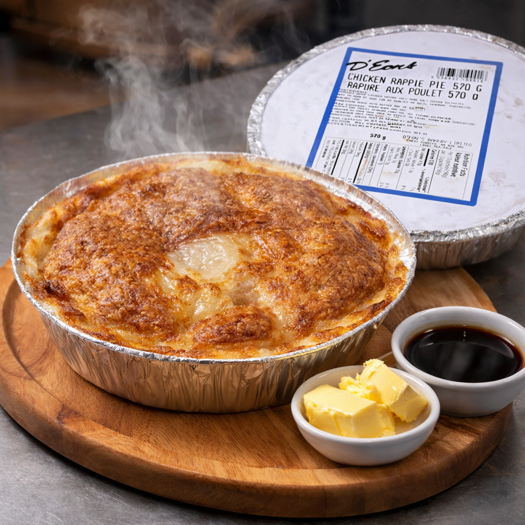 D'Eon's Prepared Rappie Pie Frozen Freshly baked chicken rappie pie with butter and molasses.