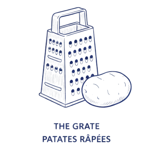 A classic stainless-steel grater with a single PEI potato beside it to represent patates râpées.