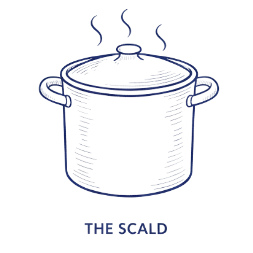 A traditional tall kitchen pot with a few rising steam lines to represent the piping-hot savory stock.