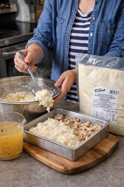 deons_rappie_pie_making_400x600 Woman layering shredded chicken and potato mixture for rappie pie in a baking pan, with chicken stock and a D’Eon’s rappie pie mix package on the counter.